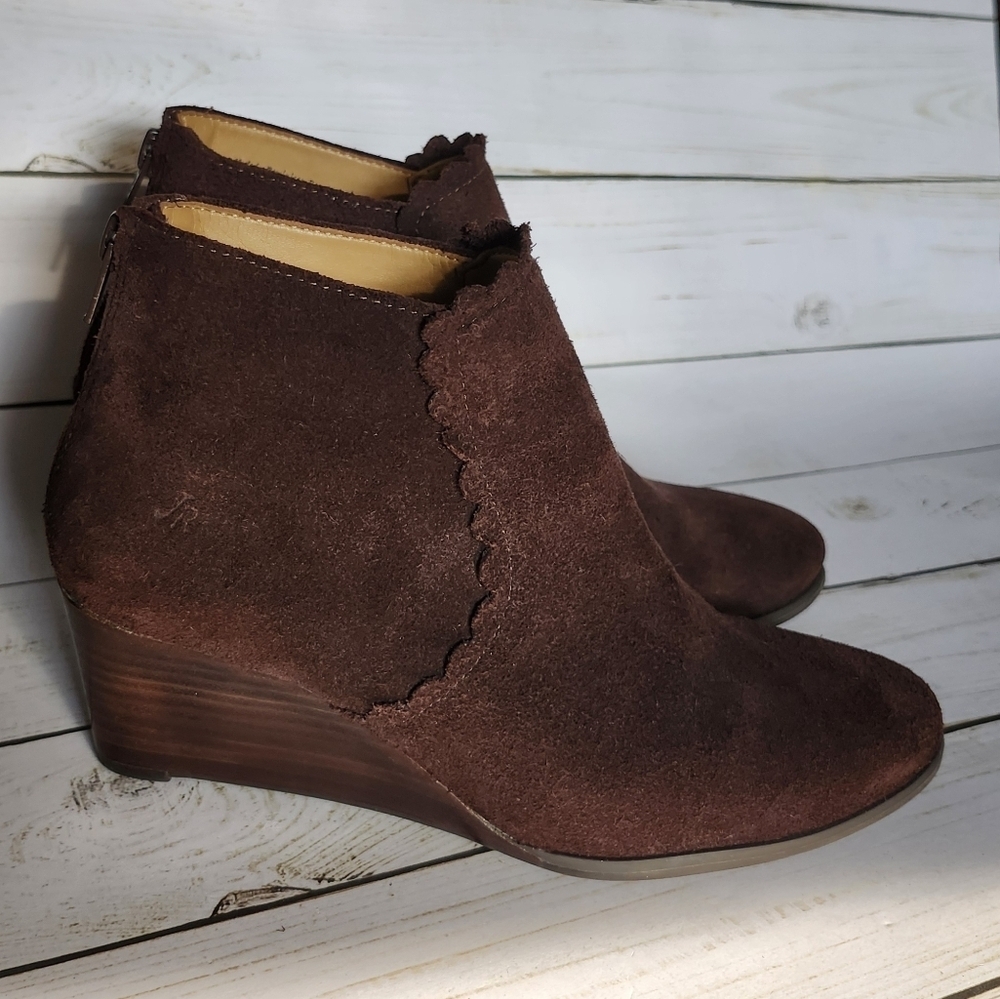 Jack Rogers Brown Suede Almond Toe Wedge Heel Ankle Boots Size 6.5